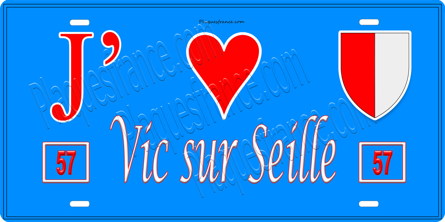 Plaque métal décorative  J' ❤️ Vic-sur-Seille, fond bleu 57