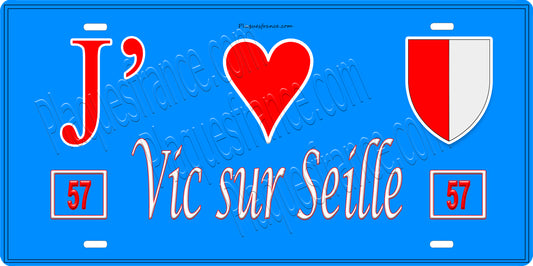 Plaque métal décorative  J' ❤️ Vic-sur-Seille, fond bleu 57