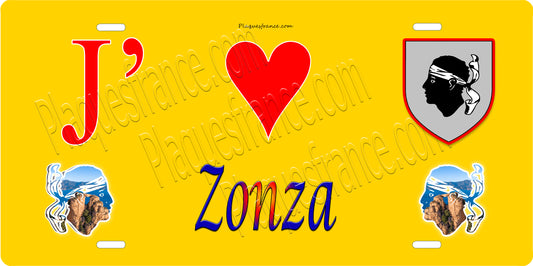 Plaque métal décorative 15 x 30 cm jaune J' ❤️ Zonza  canton du Grand-Sud  Corse du Sud