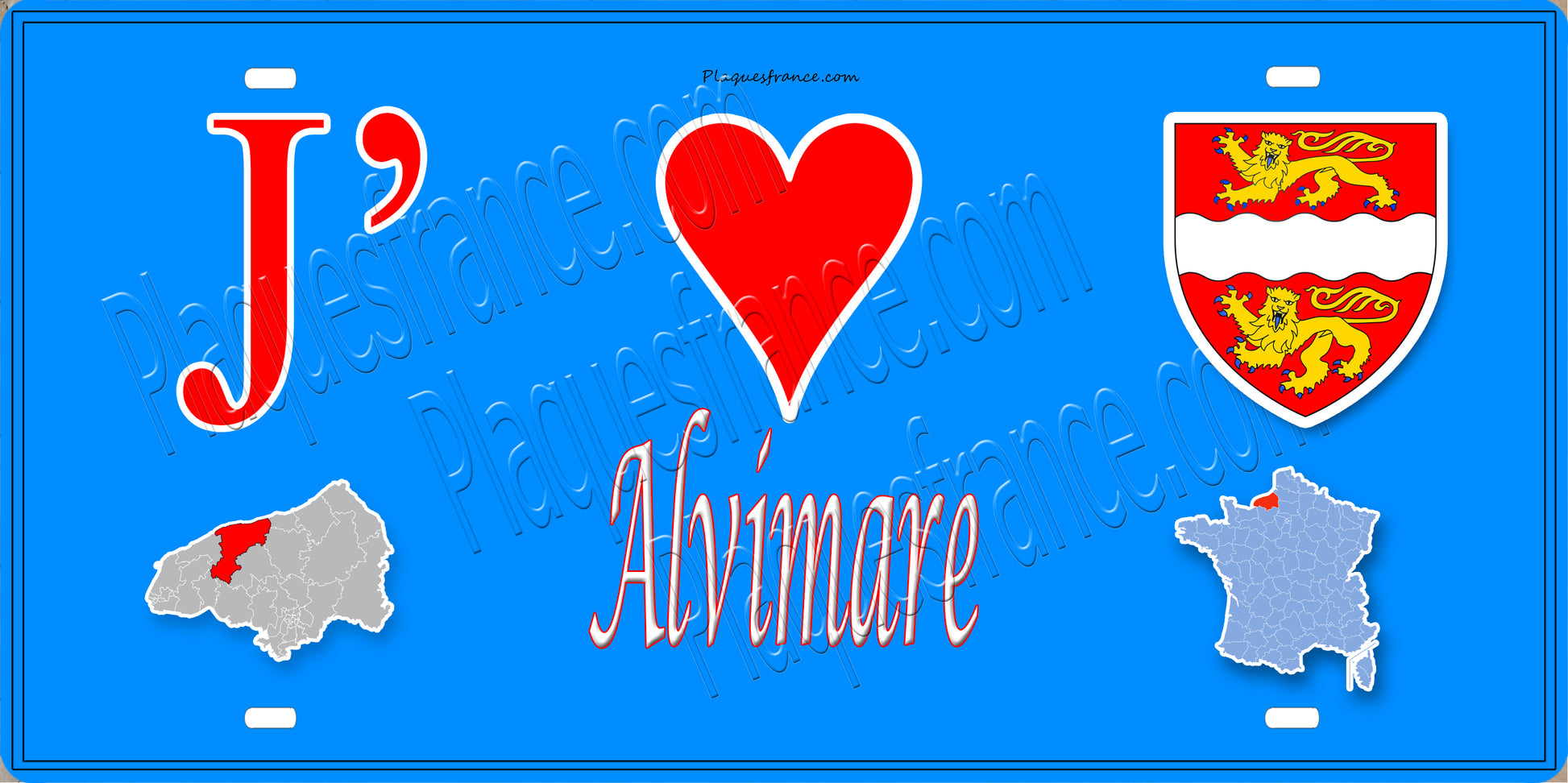 Plaque métal décorative 15X30 J' ❤️ Alvimare, Seine Maritime (76) bleu carte
