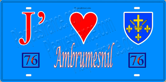 Plaque métal décorative  J' ❤️ Ambrumesnil, Seine Maritime (76) bleu