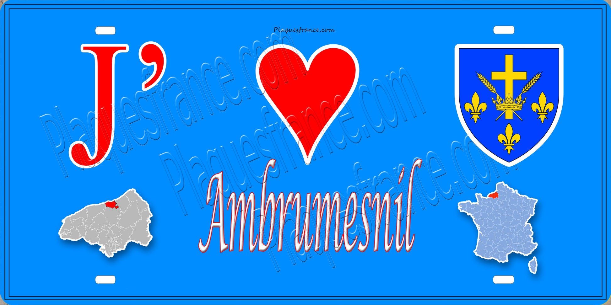 Plaque métal décorative  J' ❤️ Ambrumesnil, Seine Maritime (76) bleu carte