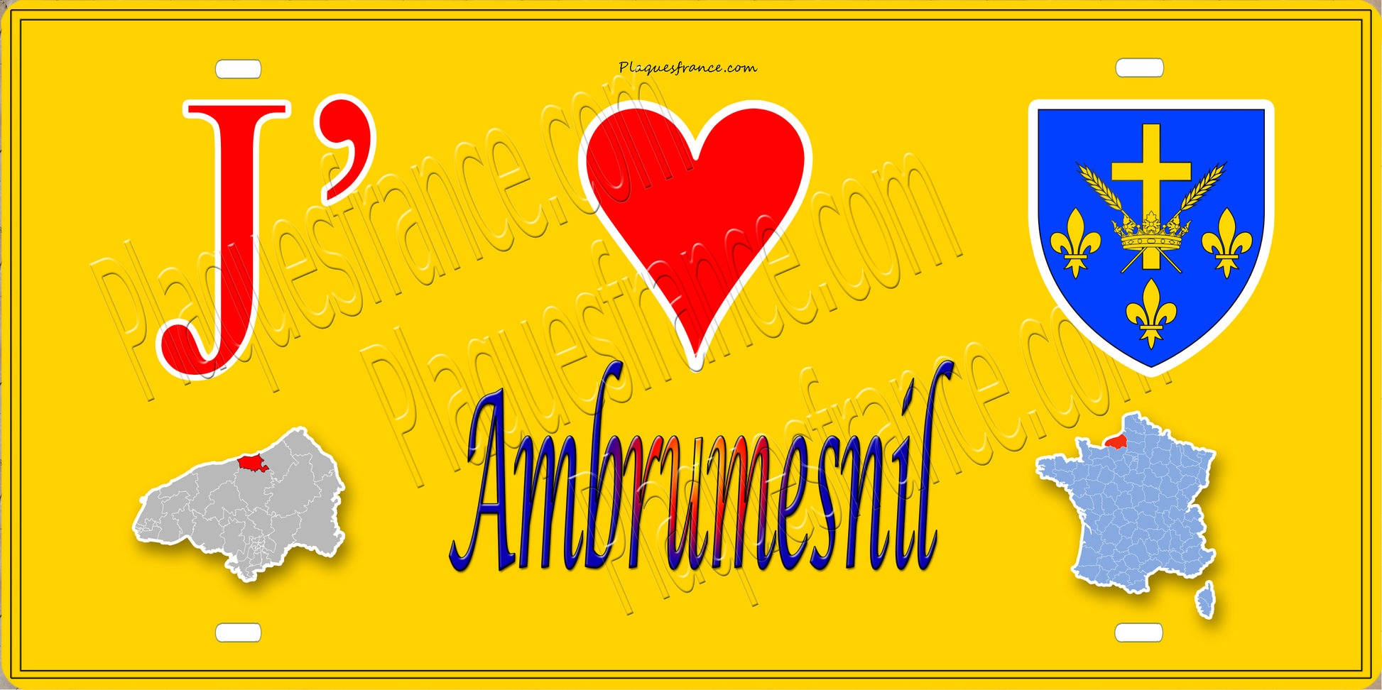 Plaque métal décorative  J' ❤️ Ambrumesnil, Seine Maritime (76) jaune cartes