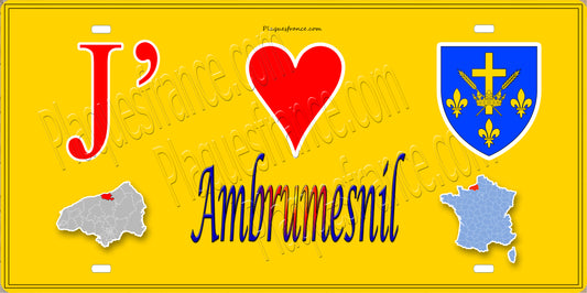 Plaque métal décorative  J' ❤️ Ambrumesnil, Seine Maritime (76) jaune cartes
