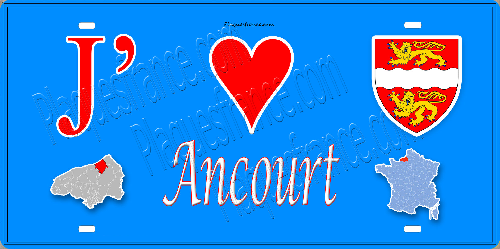Plaque métal décorative 15X30 J' ❤️ Ancourt, Seine Maritime (76) bleu carte