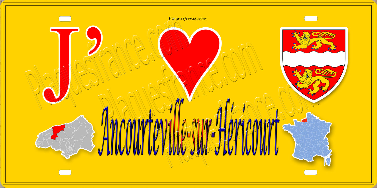 Plaque métal décorative 15X30 J' ❤️ Ancourteville-sur-Héricourt, Seine Maritime (76) jaune carte