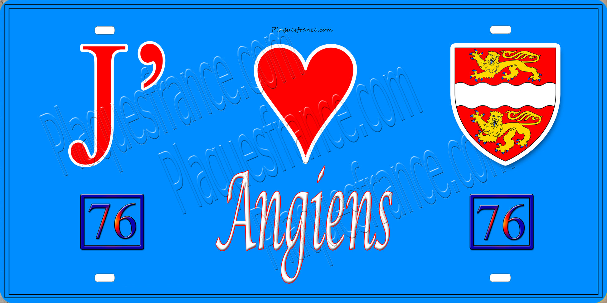 Plaque métal décorative 15X30 J' ❤️ Angiens, Seine Maritime (76) bleu