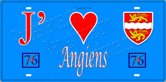Plaque métal décorative 15X30 J' ❤️ Angiens, Seine Maritime (76) bleu