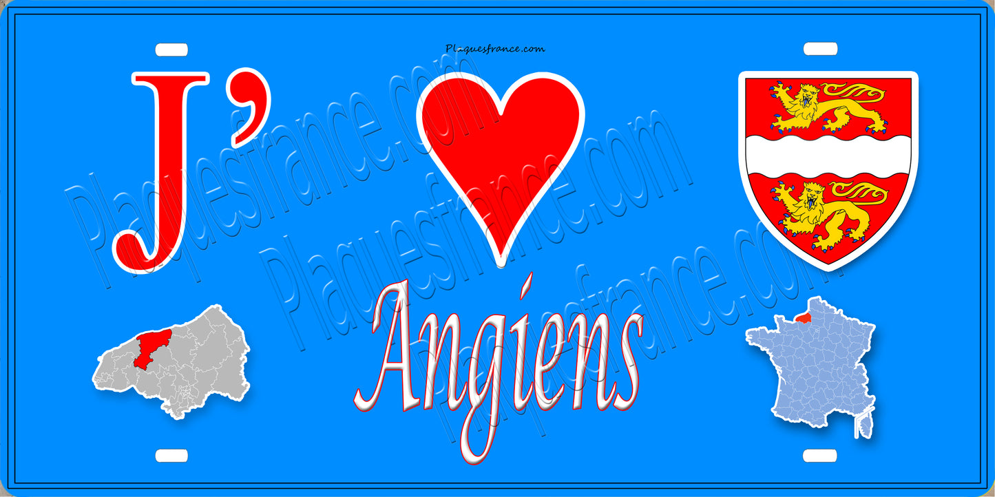 Plaque métal décorative 15X30 J' ❤️ Angiens, Seine Maritime (76) bleu carte