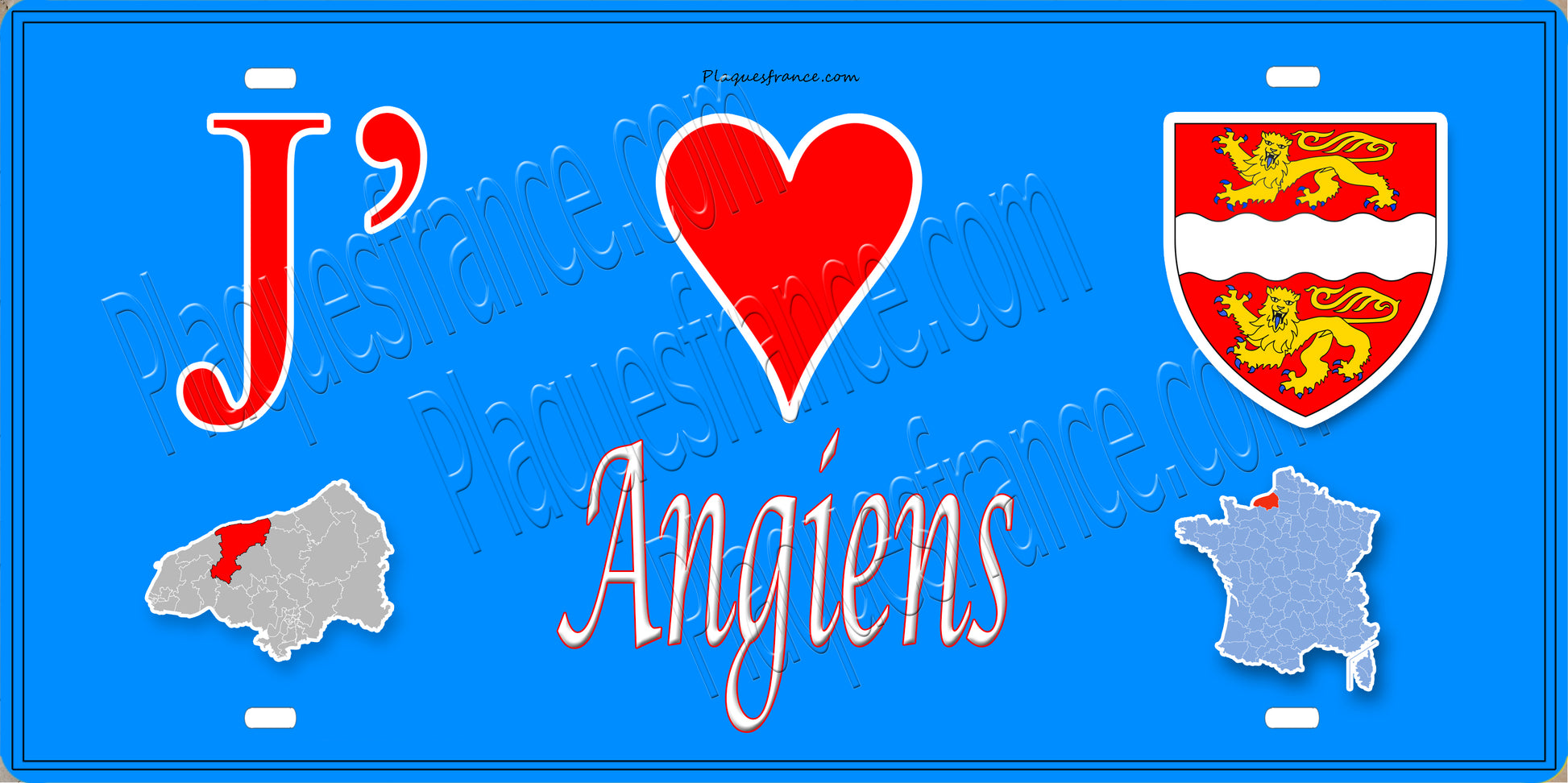 Plaque métal décorative 15X30 J' ❤️ Angiens, Seine Maritime (76) bleu carte