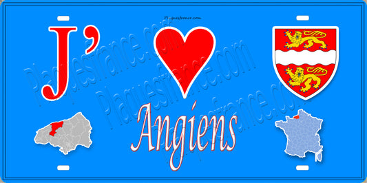 Plaque métal décorative 15X30 J' ❤️ Angiens, Seine Maritime (76) bleu carte