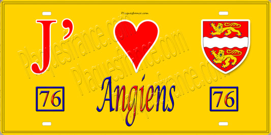 Plaque métal décorative 15X30 J' ❤️ Angiens, Seine Maritime (76) jaune