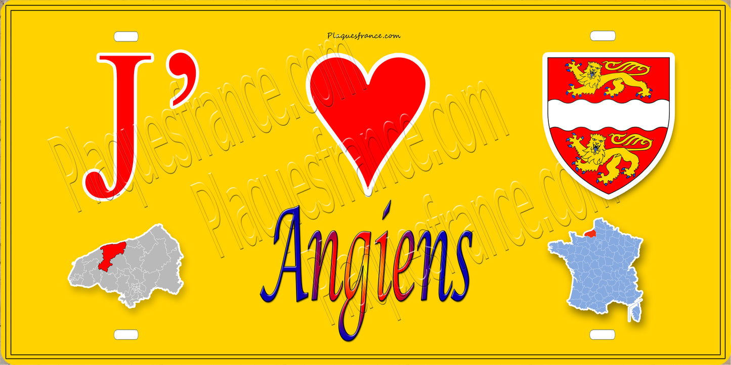Plaque métal décorative 15X30 J' ❤️ Angiens, Seine Maritime (76) jaune carte
