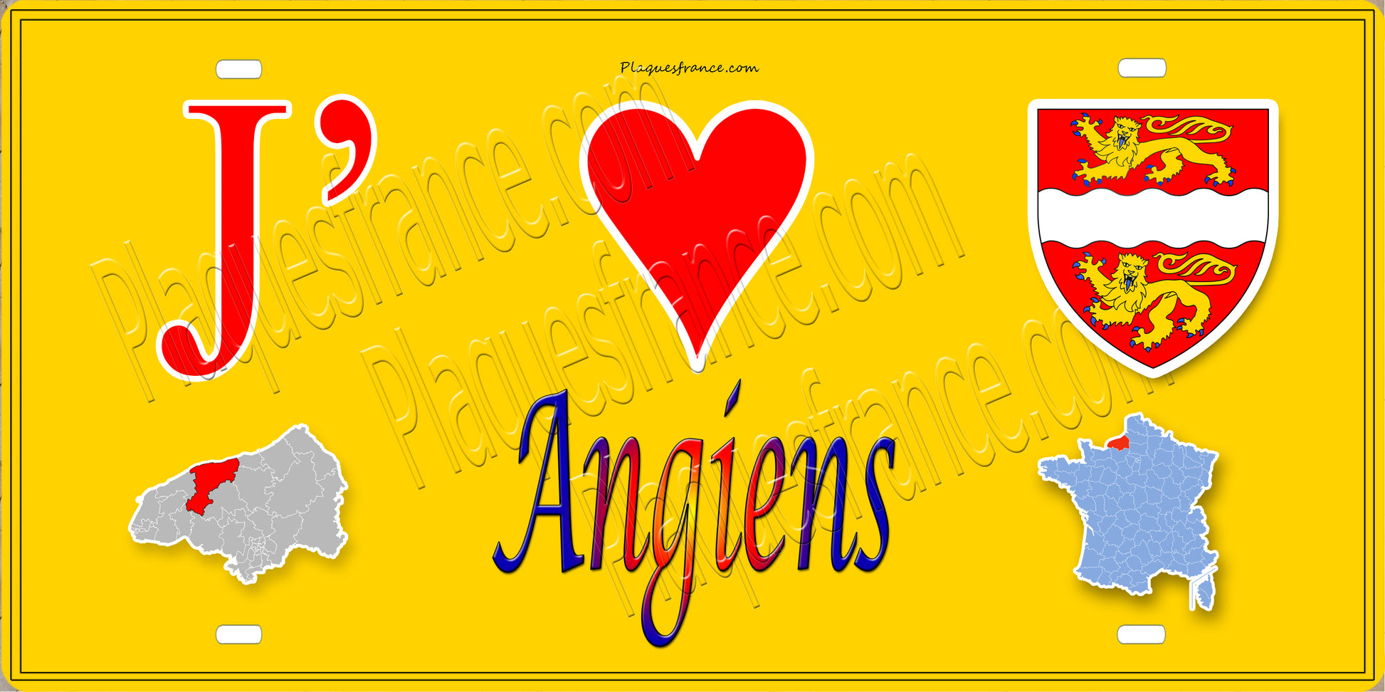 Plaque métal décorative 15X30 J' ❤️ Angiens, Seine Maritime (76) jaune carte