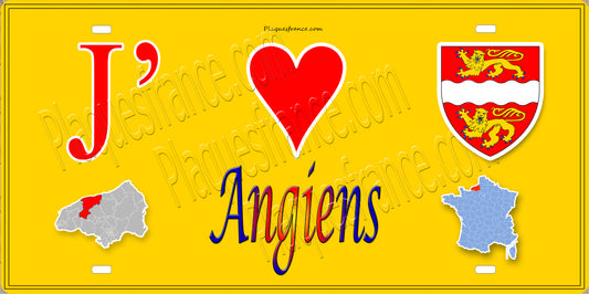 Plaque métal décorative 15X30 J' ❤️ Angiens, Seine Maritime (76) jaune carte