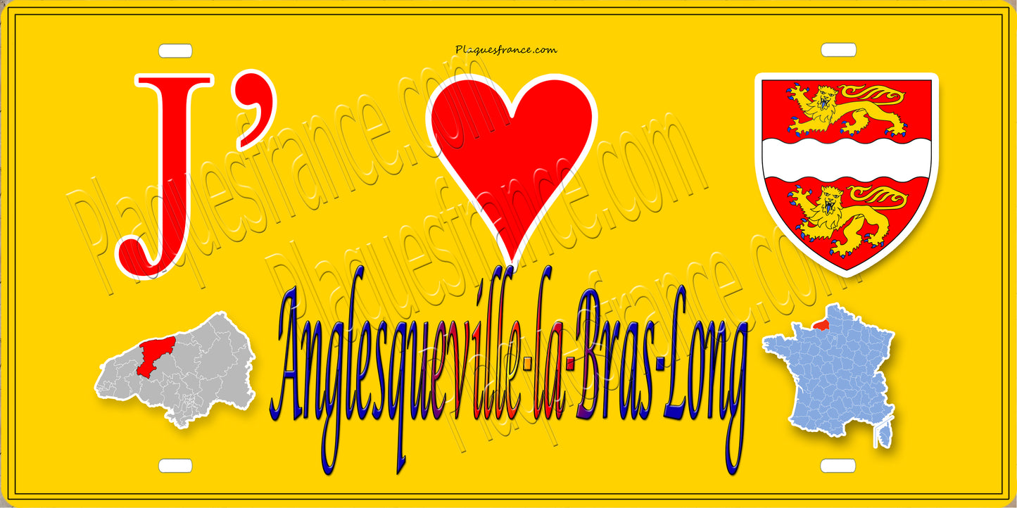 Plaque métal décorative 15X30 J' ❤️ Anglesqueville-la-Bras-Long, Seine Maritime (76) jaune carte