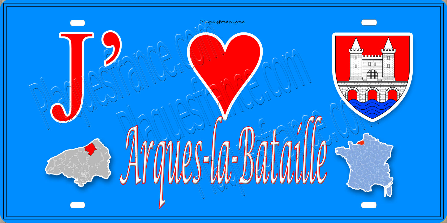 Plaque métal décorative 15X30 J' ❤️ Arques-la-Bataille, Seine Maritime (76) bleu carte