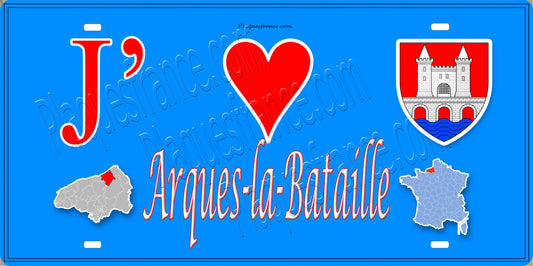 Plaque métal décorative 15X30 J' ❤️ Arques-la-Bataille, Seine Maritime (76) bleu carte