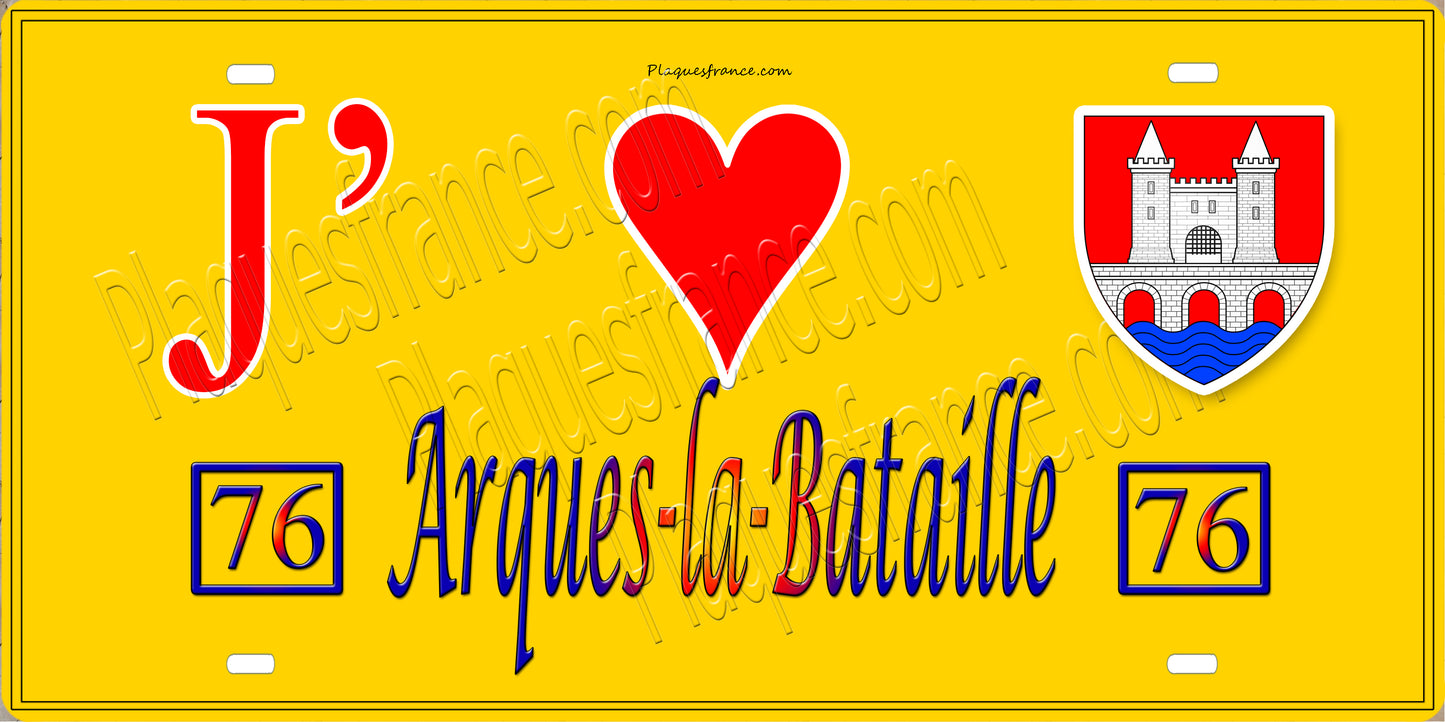 Plaque métal décorative 15X30 J' ❤️ Arques-la-Bataille, Seine Maritime (76) jaune