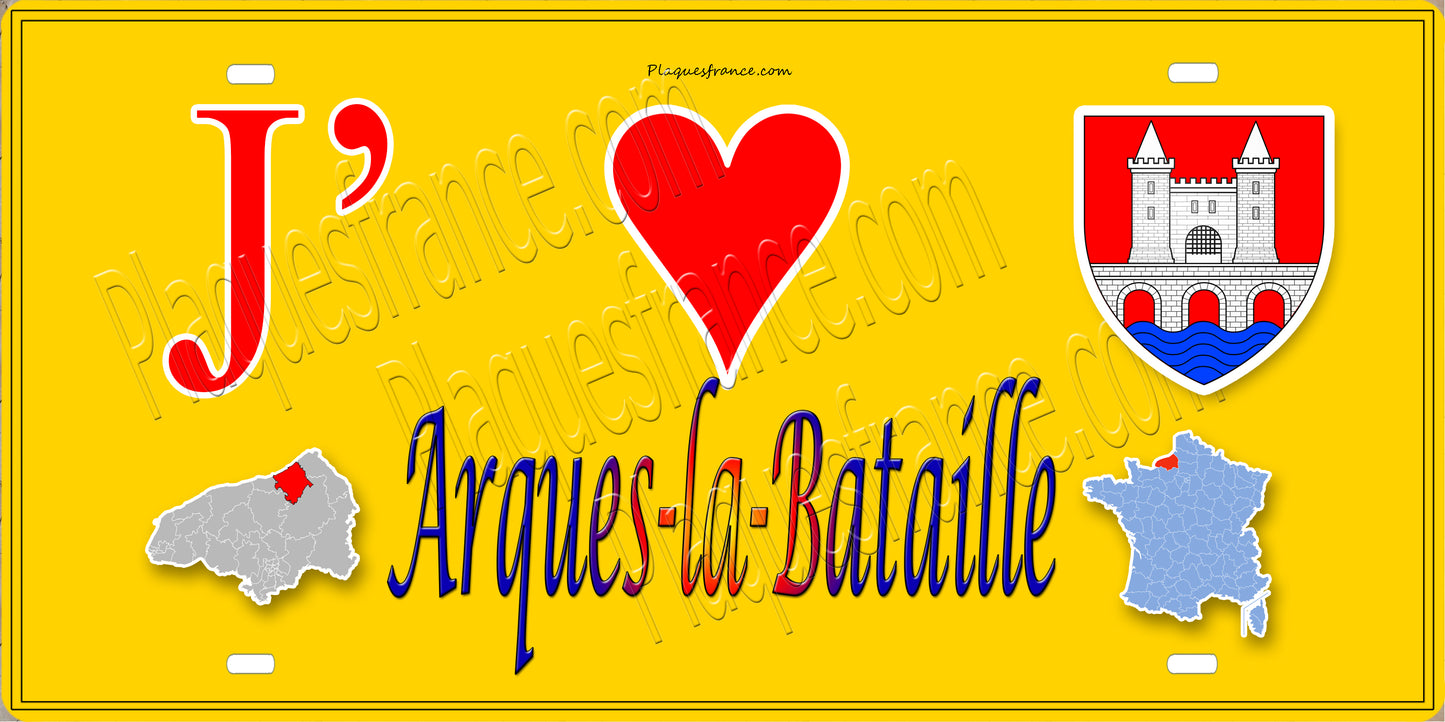 Plaque métal décorative 15X30 J' ❤️ Arques-la-Bataille, Seine Maritime (76) jaune carte