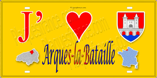 Plaque métal décorative 15X30 J' ❤️ Arques-la-Bataille, Seine Maritime (76) jaune carte