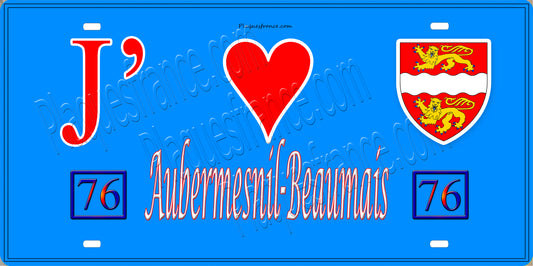 Plaque métal décorative  15x30 J' ❤️ Aubermesnil-Beaumais, Seine Maritime (76) bleu