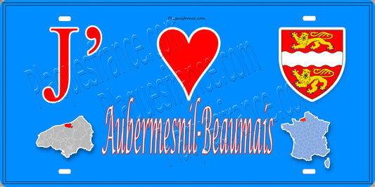 Plaque métal décorative  15x30 J' ❤️ Aubermesnil-Beaumais, Seine Maritime (76) bleu cartes