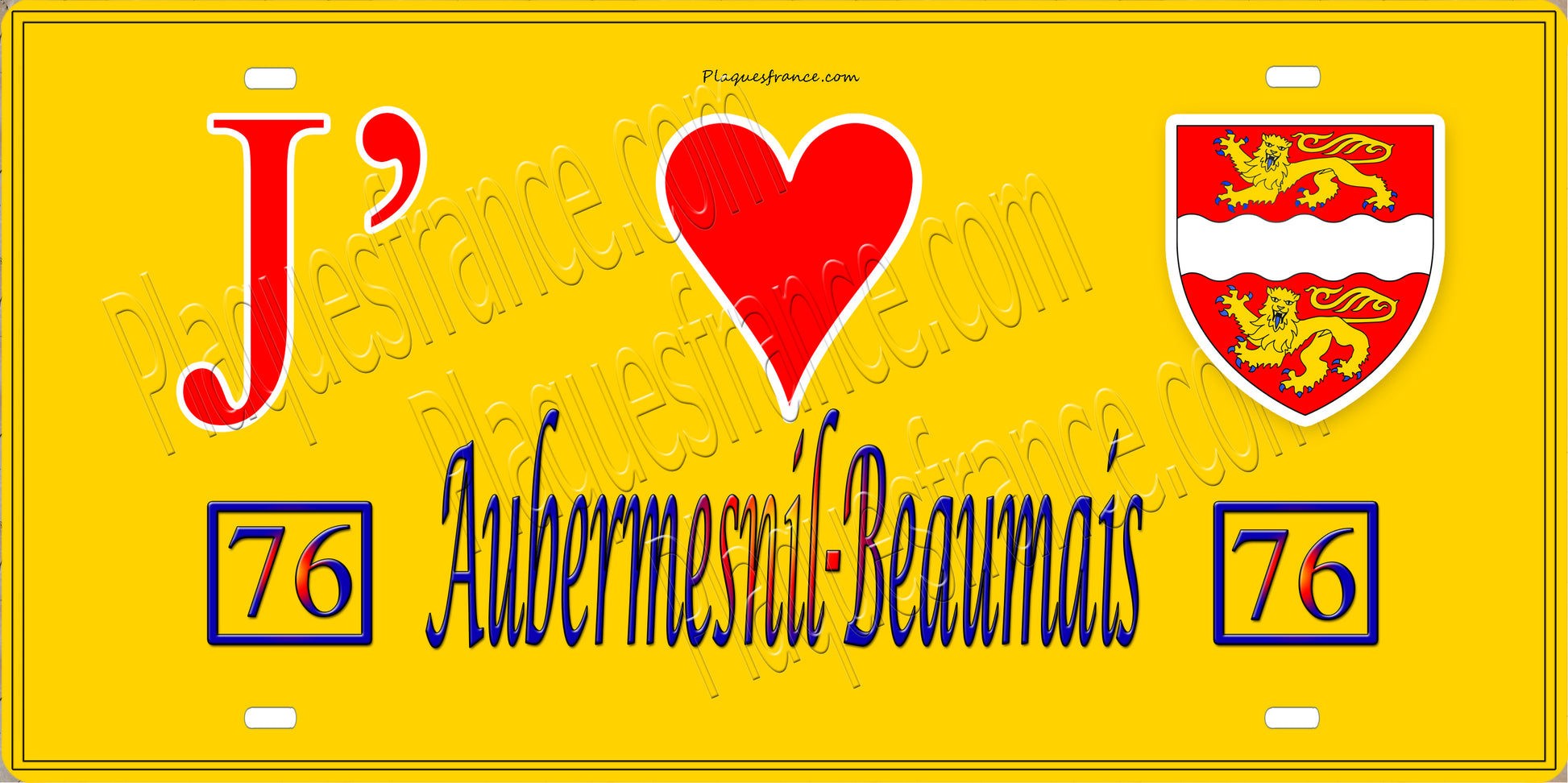 Plaque métal décorative  15x30 J' ❤️ Aubermesnil-Beaumais, Seine Maritime (76) jaune