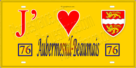 Plaque métal décorative  15x30 J' ❤️ Aubermesnil-Beaumais, Seine Maritime (76) jaune