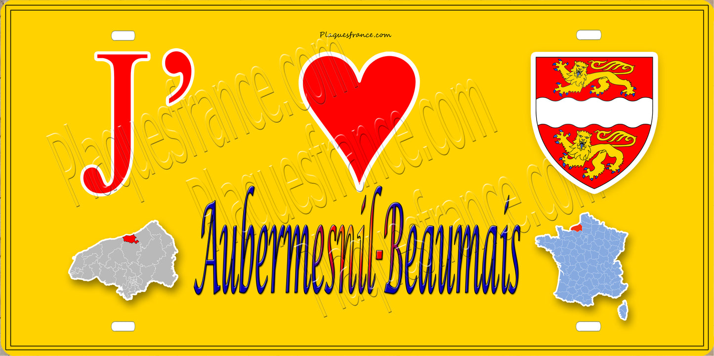 Plaque métal décorative  15x30 J' ❤️ Aubermesnil-Beaumais, Seine Maritime (76) jaune cartes
