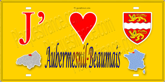 Plaque métal décorative  15x30 J' ❤️ Aubermesnil-Beaumais, Seine Maritime (76) jaune cartes