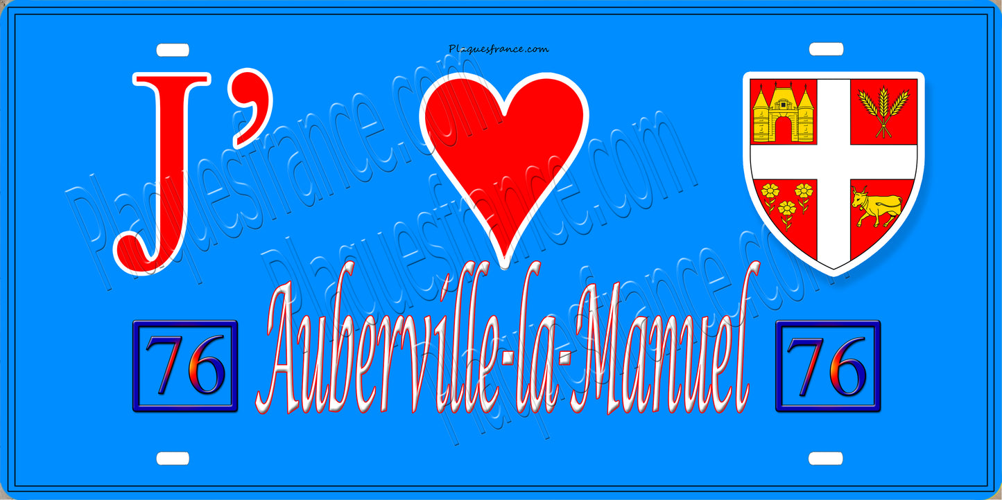 Plaque métal décorative 15X30 J' ❤️ Auberville-la-Manuel, Seine Maritime (76) bleu