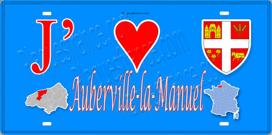 Plaque métal décorative 15X30 J' ❤️ Auberville-la-Manuel, Seine Maritime (76) bleu carte