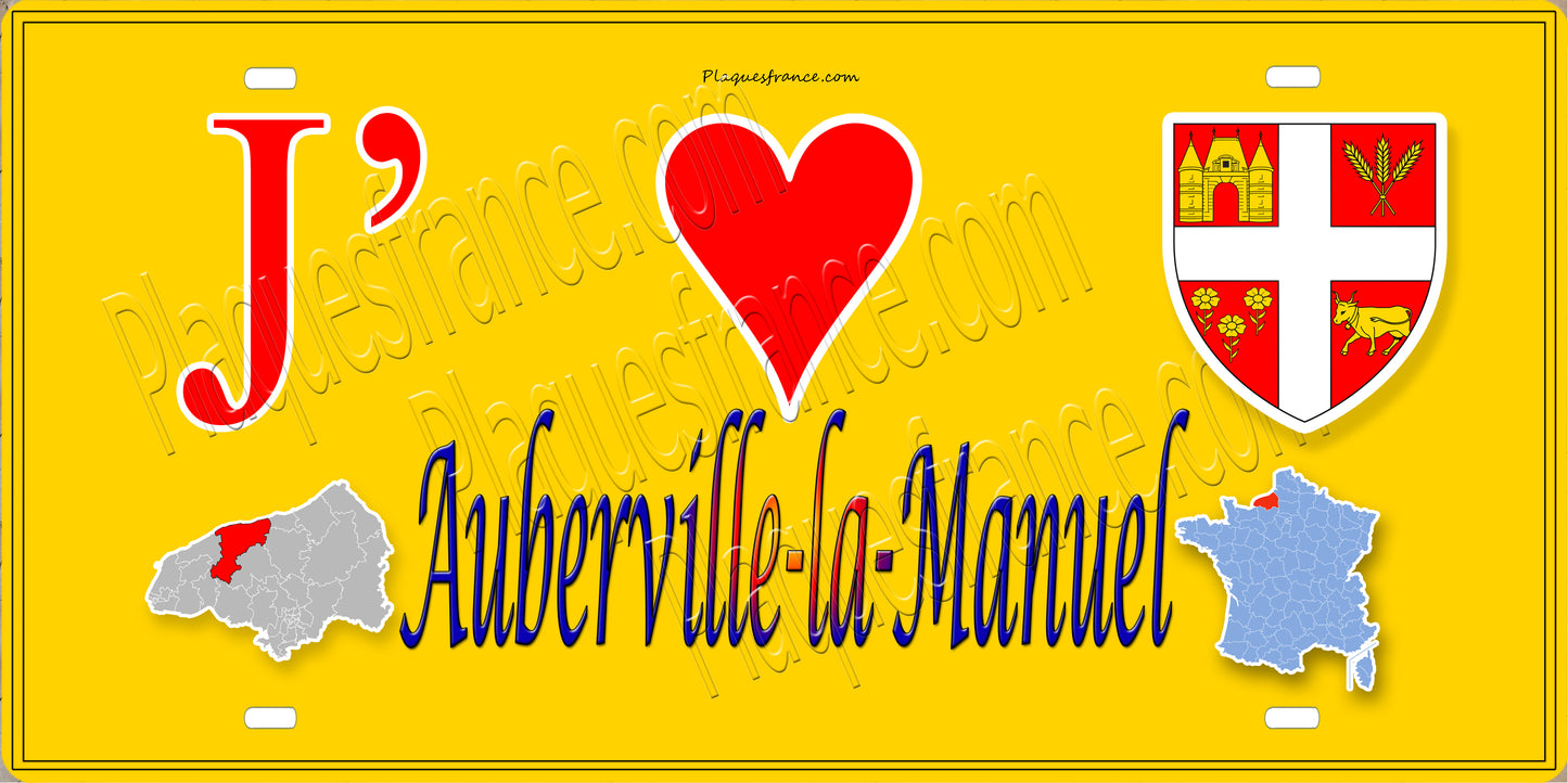 Plaque métal décorative 15X30 J' ❤️ Auberville-la-Manuel, Seine Maritime (76) jaune carte
