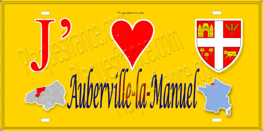 Plaque métal décorative 15X30 J' ❤️ Auberville-la-Manuel, Seine Maritime (76) jaune carte