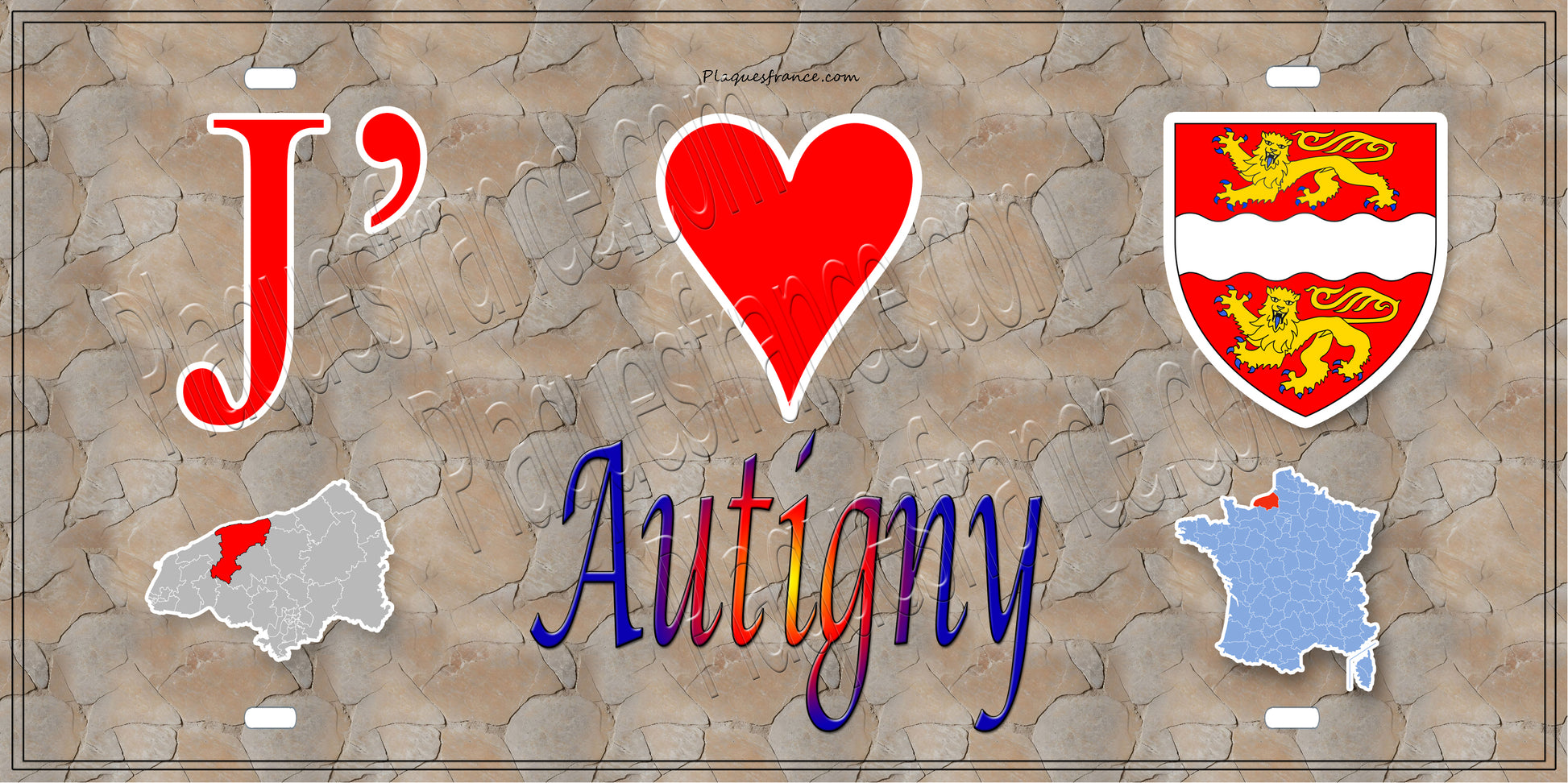 Plaque métal décorative 15X30 J' ❤️ Autigny, Seine Maritime (76) antque carte