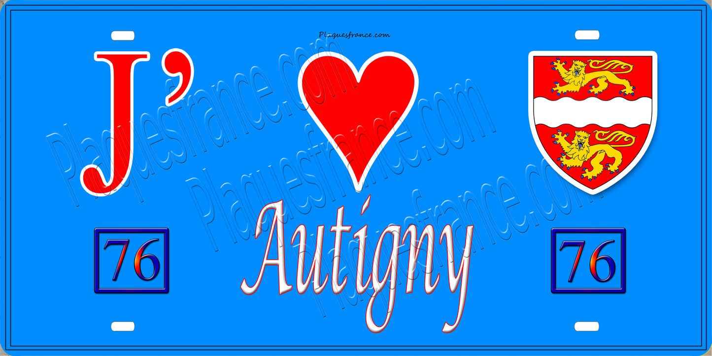 Plaque métal décorative 15X30 J' ❤️ Autigny, Seine Maritime (76) bleu