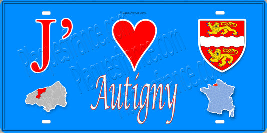Plaque métal décorative 15X30 J' ❤️ Autigny, Seine Maritime (76) bleu carte