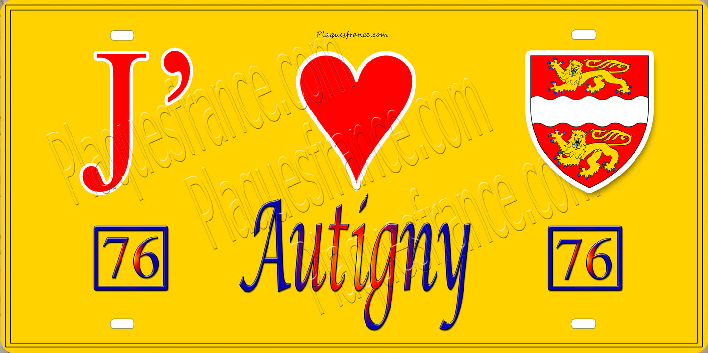 Plaque métal décorative 15X30 J' ❤️ Autigny, Seine Maritime (76) jaune