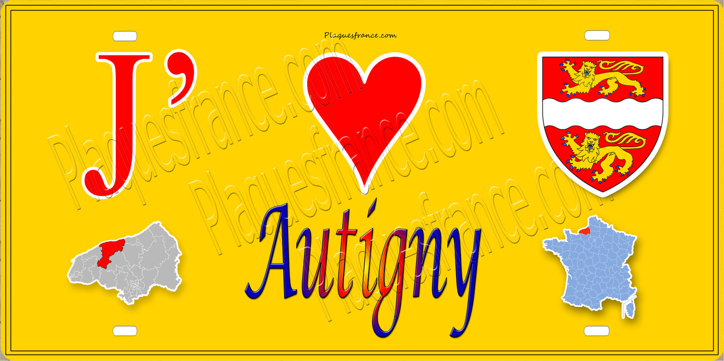 Plaque métal décorative 15X30 J' ❤️ Autigny, Seine Maritime (76) jaune carte