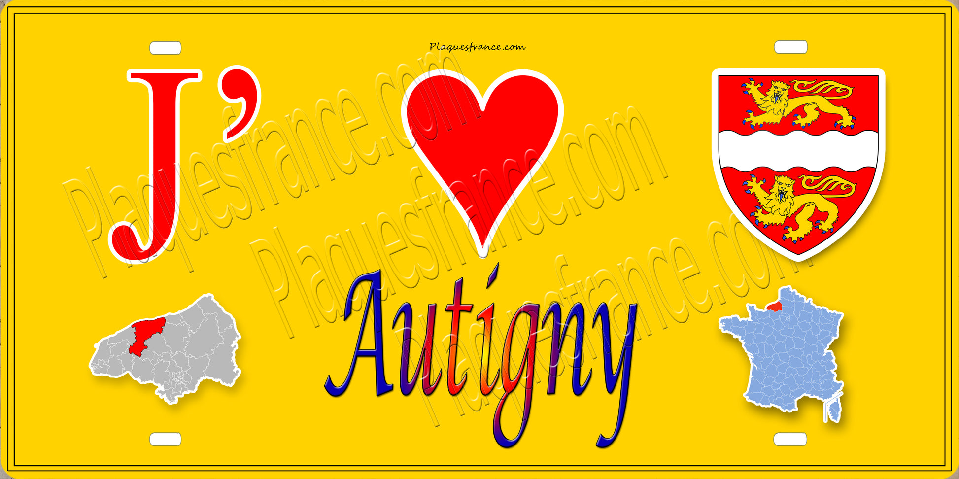 Plaque métal décorative 15X30 J' ❤️ Autigny, Seine Maritime (76) jaune carte