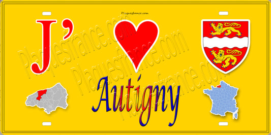 Plaque métal décorative 15X30 J' ❤️ Autigny, Seine Maritime (76) jaune carte