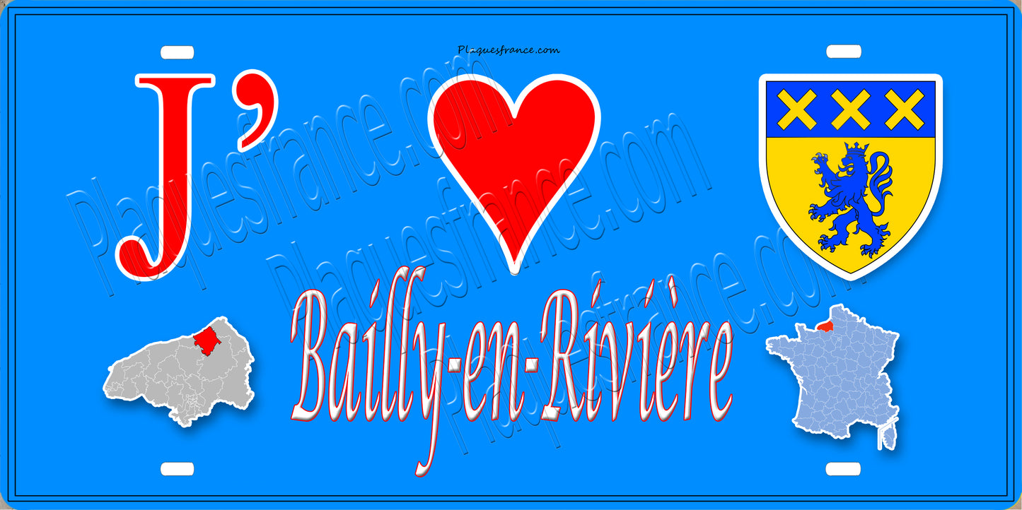 Plaque métal décorative 15 x 30 J' ❤️ Bailly-en-Rivière, Seine Maritime (76) bleu carte