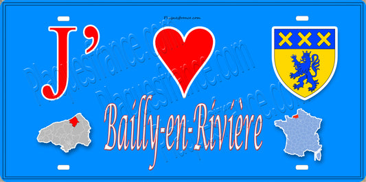 Plaque métal décorative 15 x 30 J' ❤️ Bailly-en-Rivière, Seine Maritime (76) bleu carte
