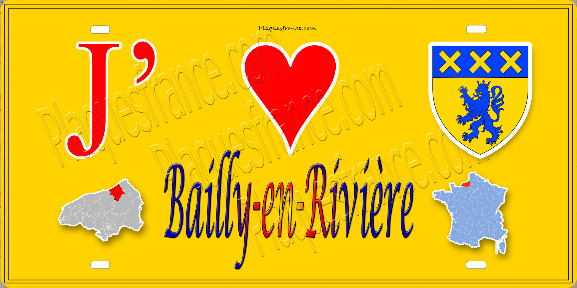 Plaque métal décorative 15 x 30 J' ❤️ Bailly-en-Rivière, Seine Maritime (76) jaune carte