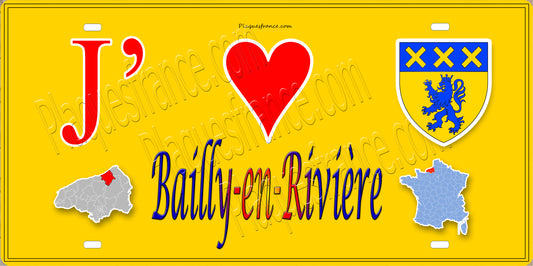 Plaque métal décorative 15 x 30 J' ❤️ Bailly-en-Rivière, Seine Maritime (76) jaune carte