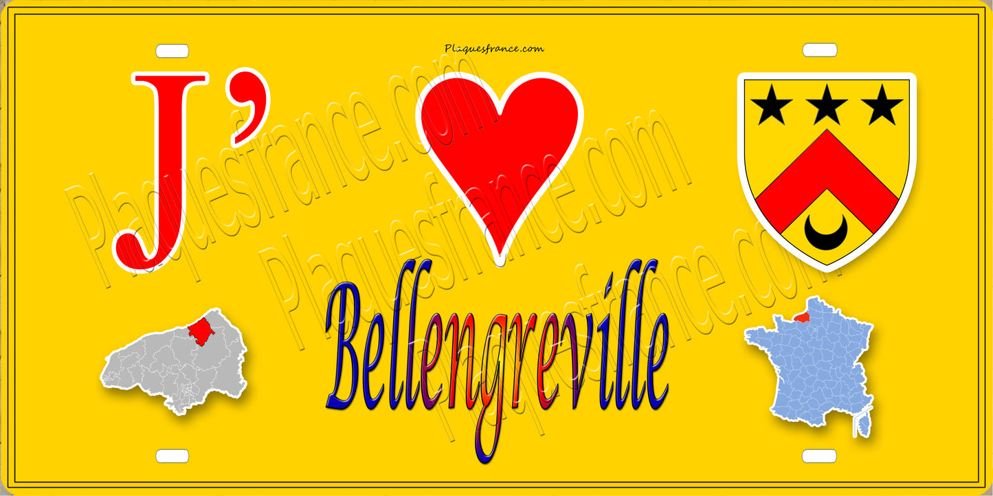 Plaque métal décorative 15x30 J' ❤️ Bellengreville, Seine Maritime (76) jaune carte