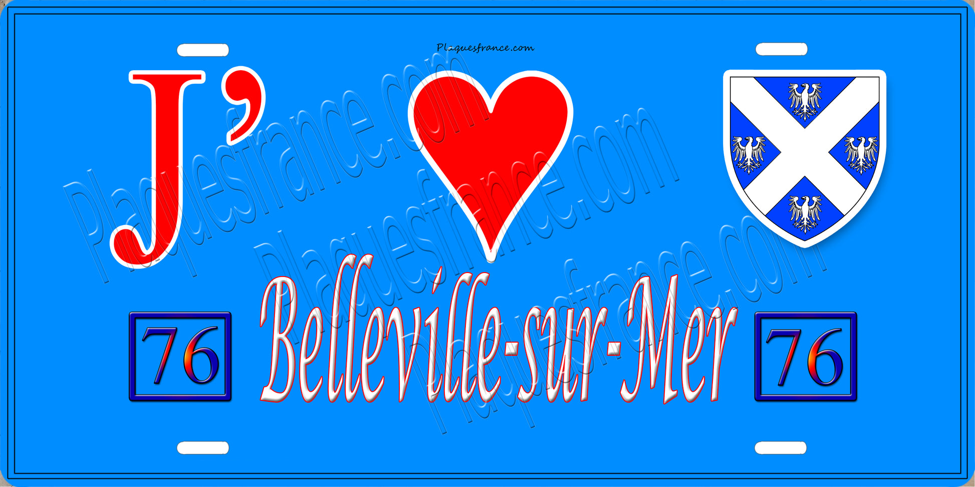 Plaque métal décorative  J' ❤️ Belleville-sur-Mer, Seine Maritime (76) bleu