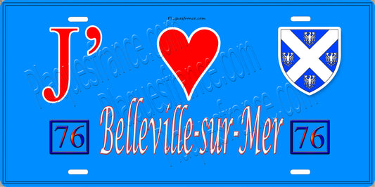 Plaque métal décorative  J' ❤️ Belleville-sur-Mer, Seine Maritime (76) bleu