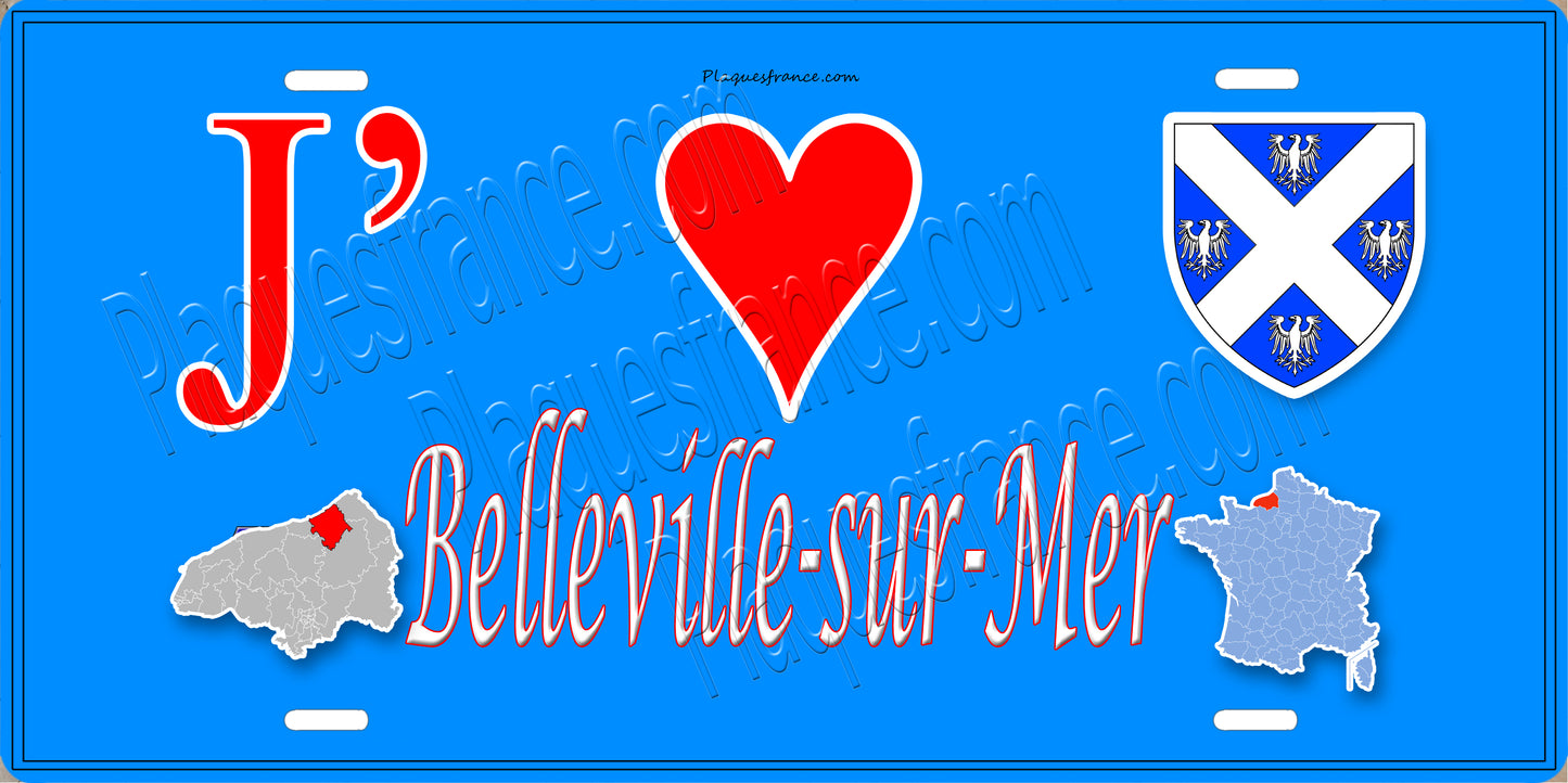 Plaque métal décorative  J' ❤️ Belleville-sur-Mer, Seine Maritime (76) bleu carte